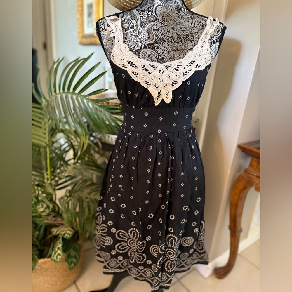 Black Midi Dress with White Lace V-Neck